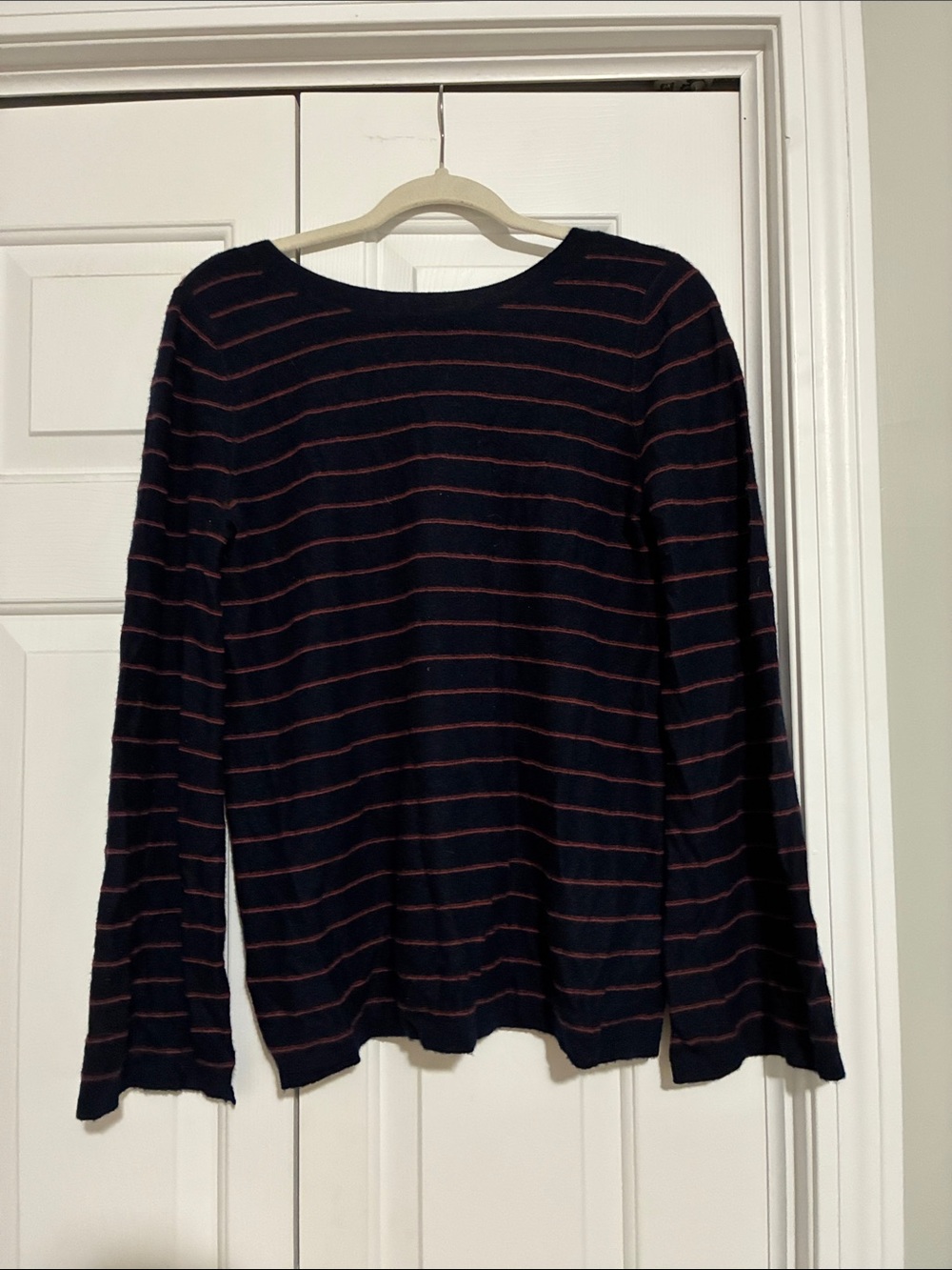 Women's Navy Crewneck Sweater with Red Stripes. Bell sleeve and lower back